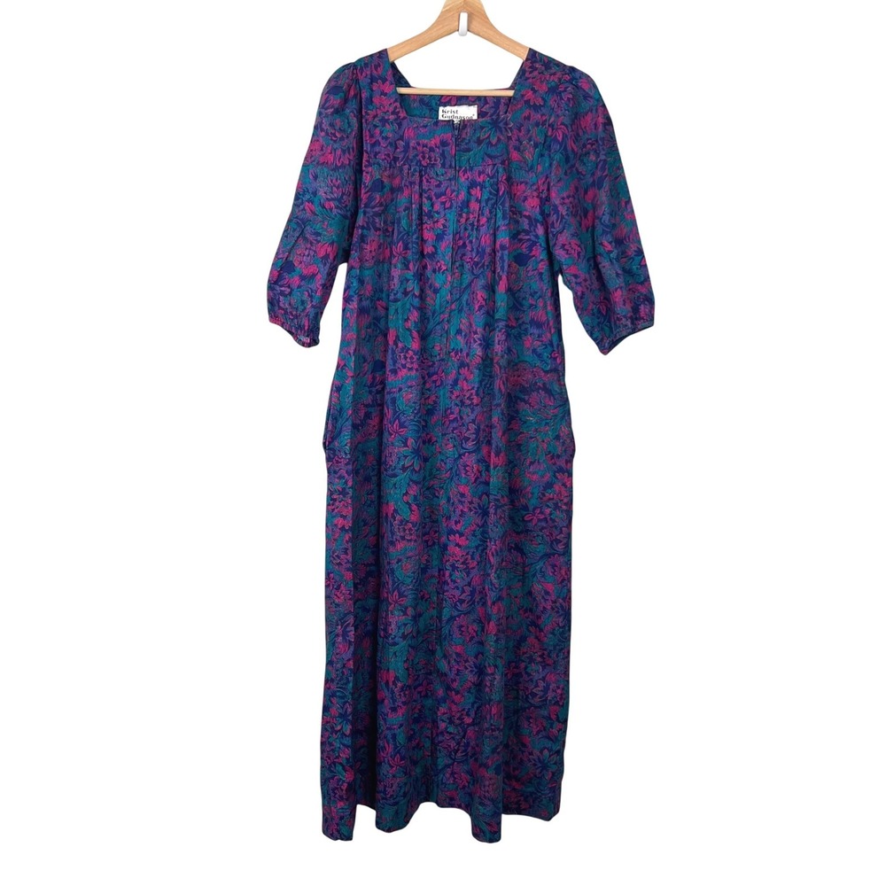 Vintage Krist Gudnason Floral Maxi Kaftan Dress Womens Small Zip Front Pockets